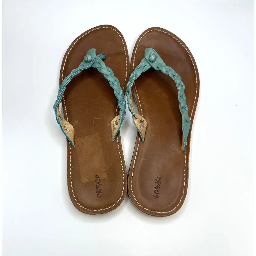Olukai Kahiko Braided Leather Thong Sandals Sz 8 Flip Flops Turquoise Boho Flat - Picture 2 of 10